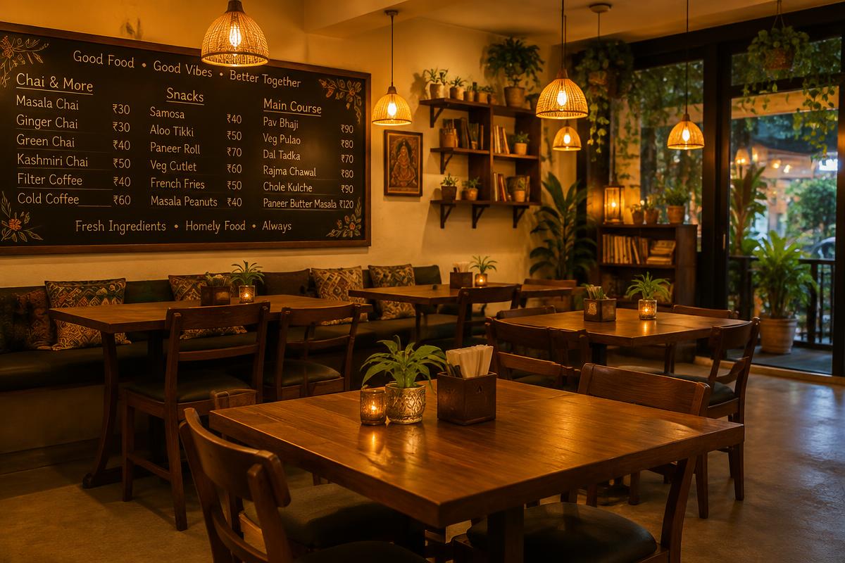 Warm, cozy cafe interior with wooden tables and hanging lights