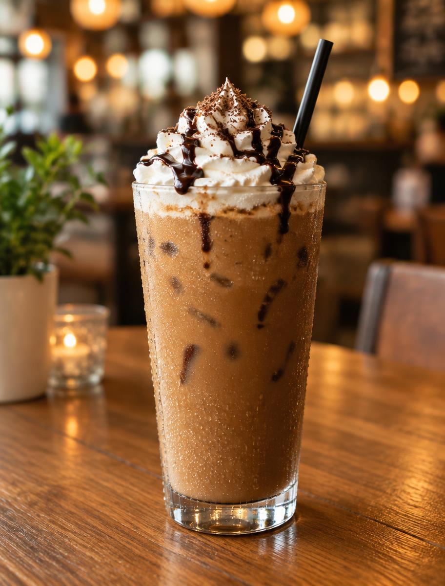 Tall glass of iced cold coffee topped with whipped cream